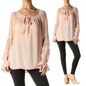 BOSTON PROPER | Sheer Retro Style Lace Sleeve Insert Sheer Light Pink Blouse 10